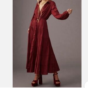 Anthropologie Satin Tiered Button Front Adjustable Maxi Dress Size Small